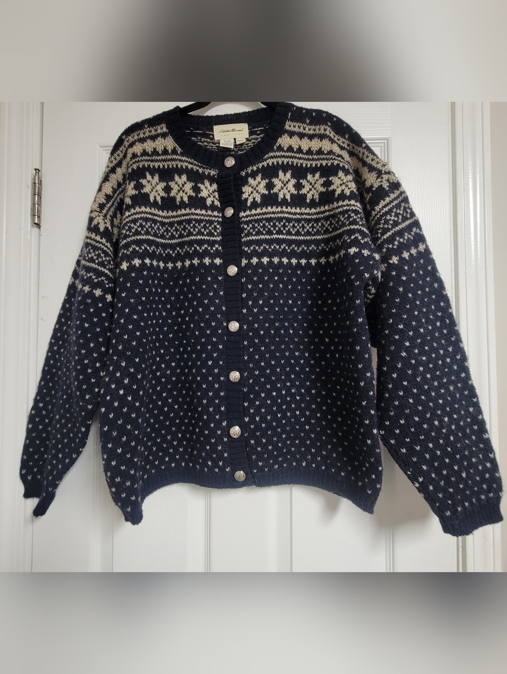 Vintage Eddie Bauer Blue White Celtic Snowflake Fair Isle Cardigan Sweater.